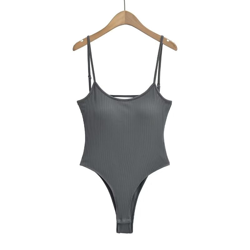 Ribbed Open-Back Scoop-Neck Spaghetti-Strap Bodysuit Top
