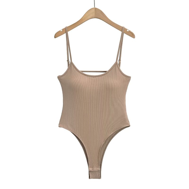 Ribbed Open-Back Scoop-Neck Spaghetti-Strap Bodysuit Top
