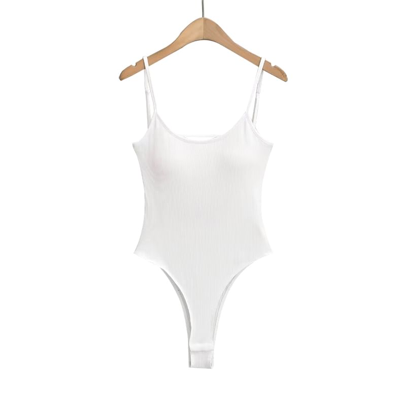 Ribbed Open-Back Scoop-Neck Spaghetti-Strap Bodysuit Top