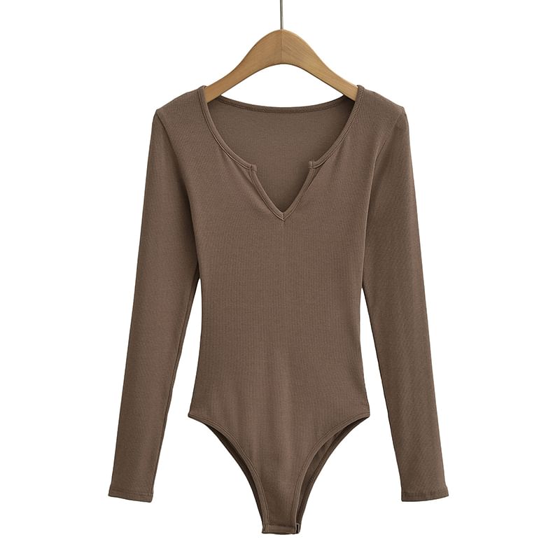 Ribbed Notch-Neck Long-Sleeved Bodysuit Top