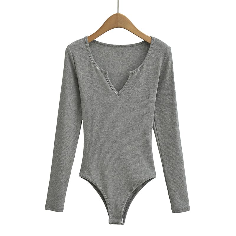 Ribbed Notch-Neck Long-Sleeved Bodysuit Top