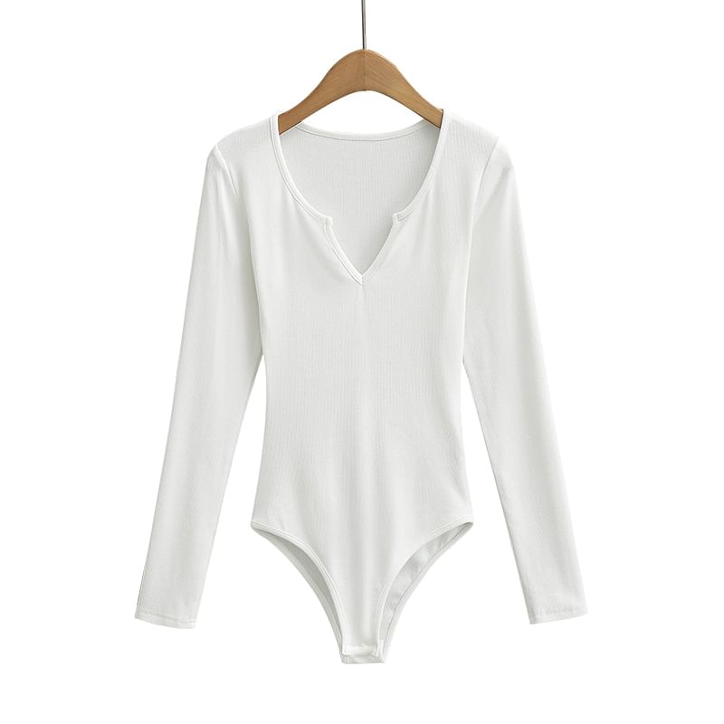 Ribbed Notch-Neck Long-Sleeved Bodysuit Top