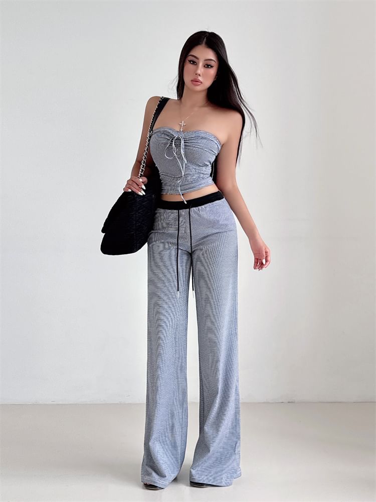 Striped Tube Top & Wide-Leg Drawstring Pants Set