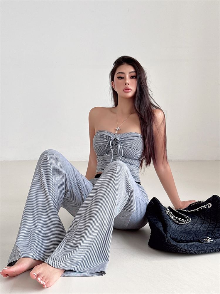 Striped Tube Top & Wide-Leg Drawstring Pants Set