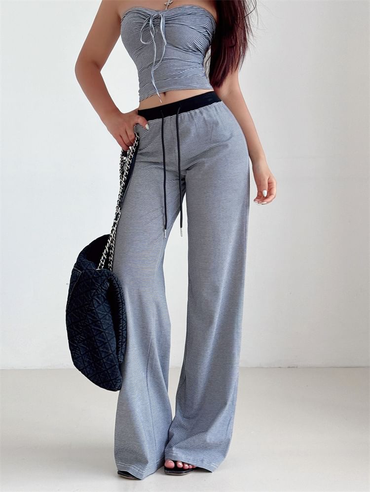 Striped Tube Top & Wide-Leg Drawstring Pants Set
