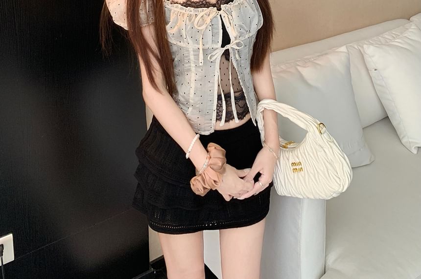 Puff-Sleeve Blouse and Lace Top Set