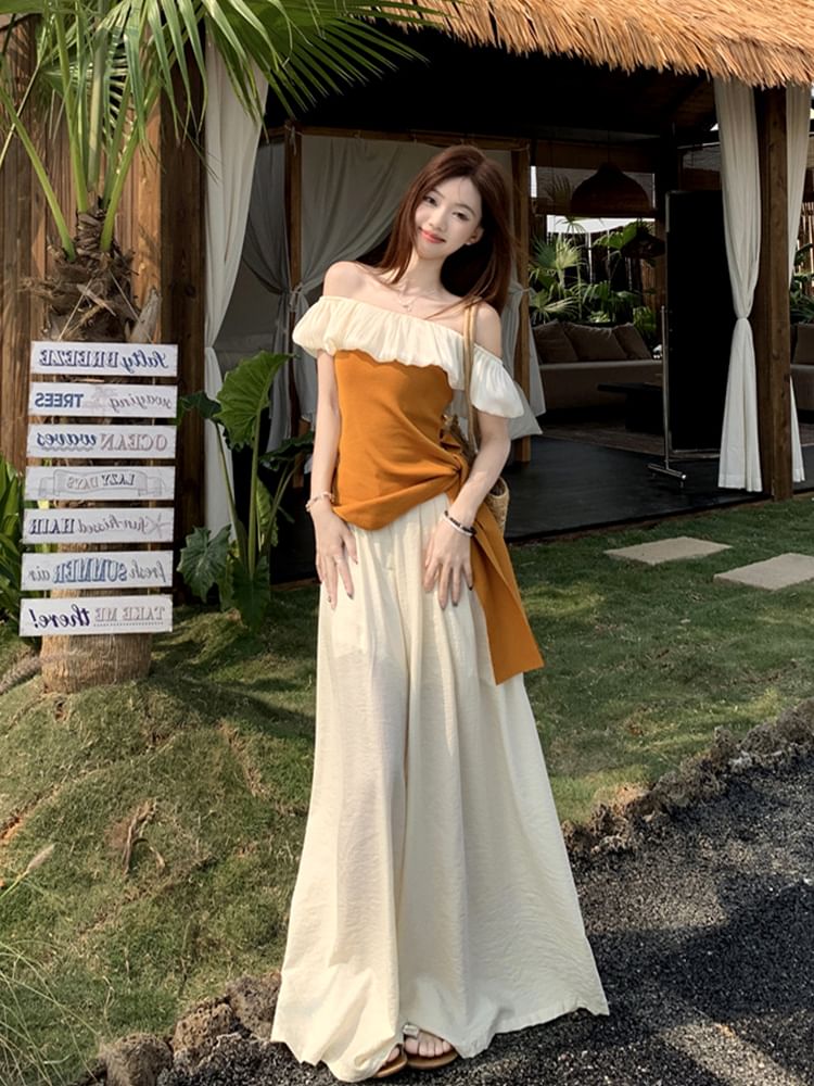 Two-Tone Off-Shoulder Asymmetric Top with High-Rise Wide-Leg Pants Set