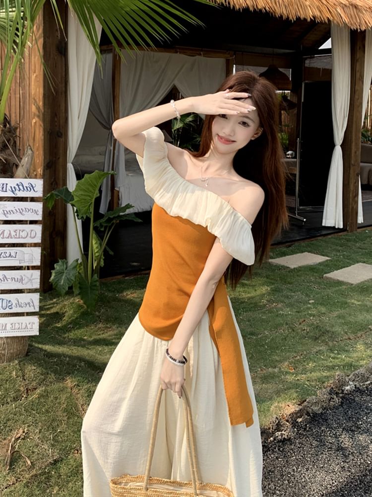 Two-Tone Off-Shoulder Asymmetric Top with High-Rise Wide-Leg Pants Set