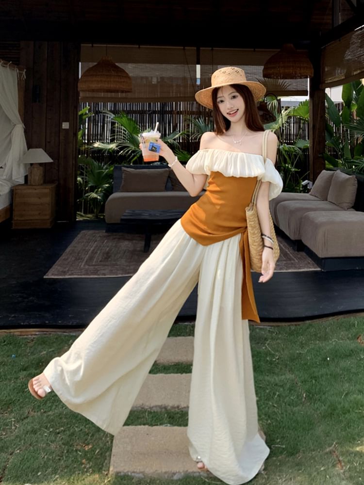 Two-Tone Off-Shoulder Asymmetric Top with High-Rise Wide-Leg Pants Set