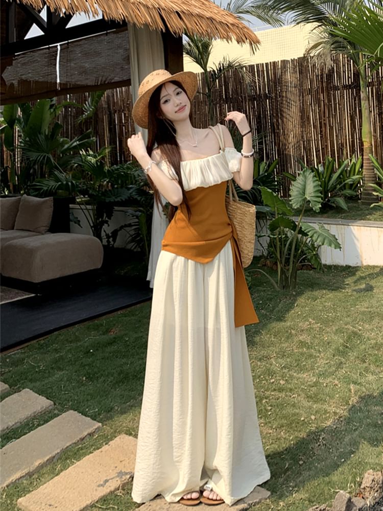 Two-Tone Off-Shoulder Asymmetric Top with High-Rise Wide-Leg Pants Set