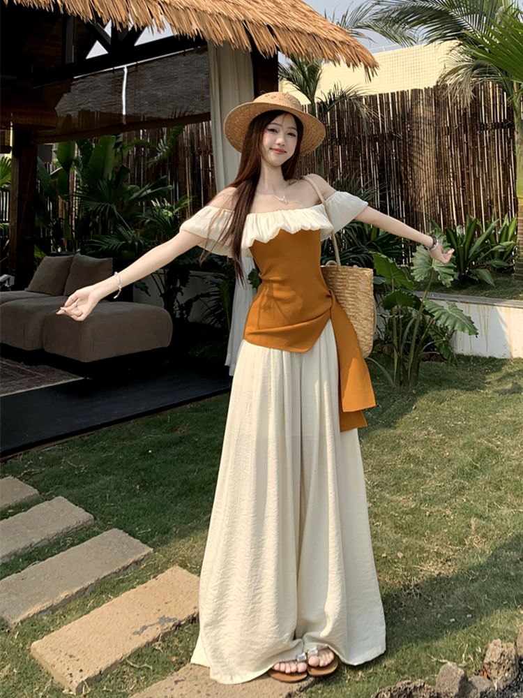 Two-Tone Off-Shoulder Asymmetric Top with High-Rise Wide-Leg Pants Set