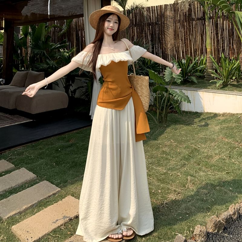 Two-Tone Off-Shoulder Asymmetric Top with High-Rise Wide-Leg Pants Set