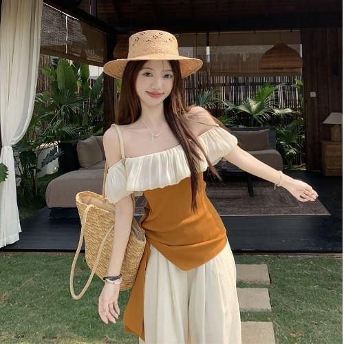 Two-Tone Off-Shoulder Asymmetric Top with High-Rise Wide-Leg Pants Set
