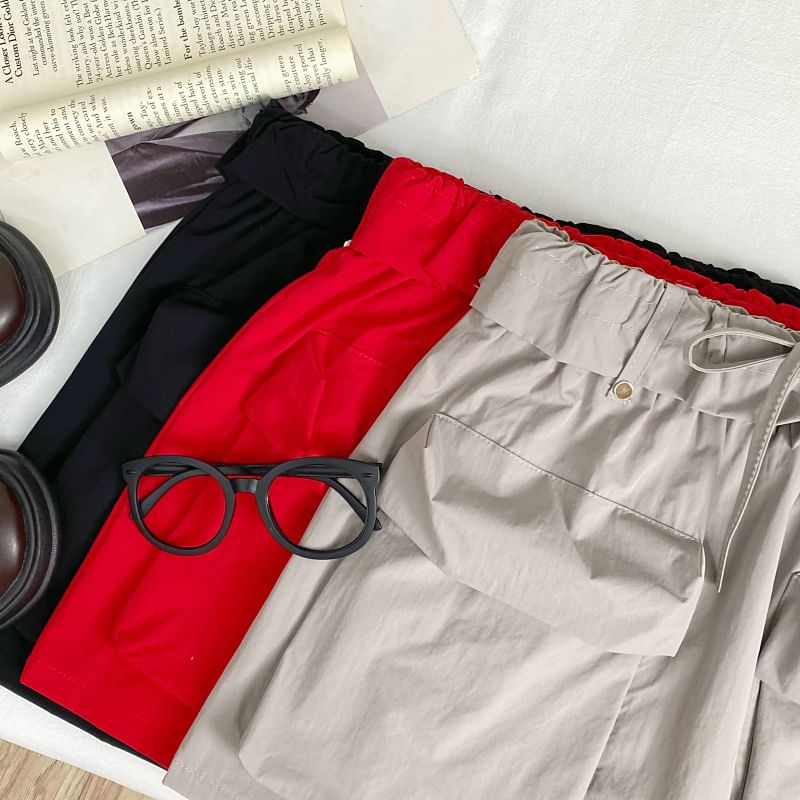 Adjustable Waist Plain A-Line Cargo Mini Skirt
