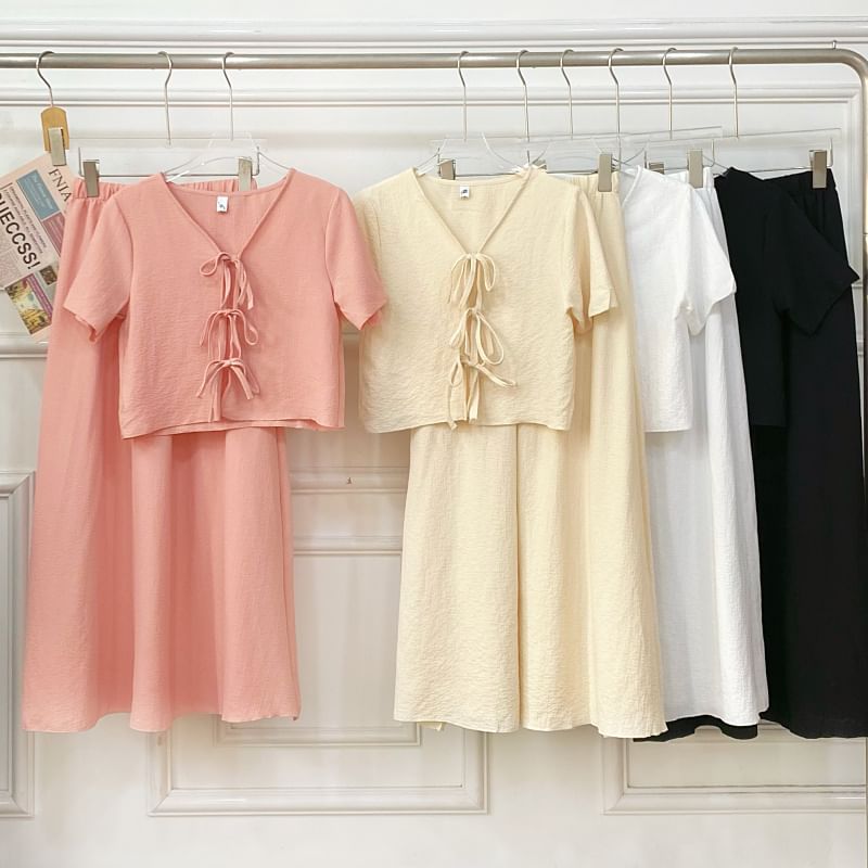 V-Neck Tie Front Crop Top and Maxi Skirt Set