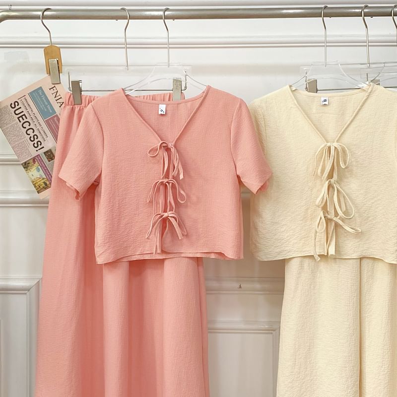 V-Neck Tie Front Crop Top and Maxi Skirt Set