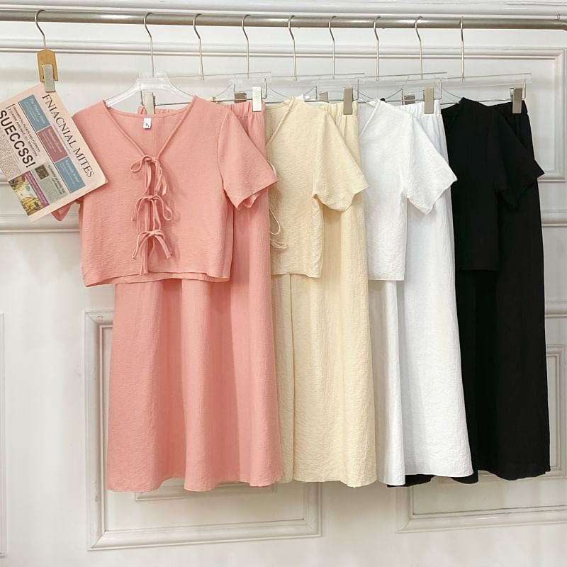V-Neck Tie Front Crop Top and Maxi Skirt Set