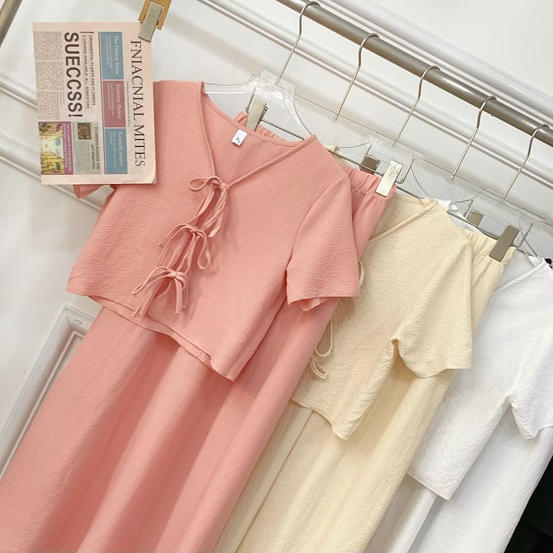 V-Neck Tie Front Crop Top and Maxi Skirt Set