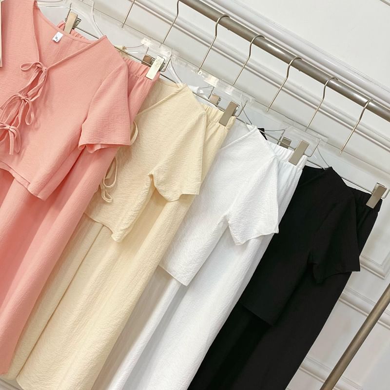 V-Neck Tie Front Crop Top and Maxi Skirt Set