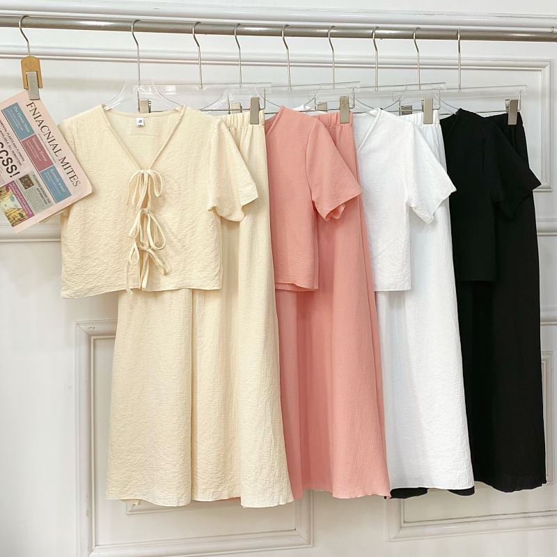 V-Neck Tie Front Crop Top and Maxi Skirt Set
