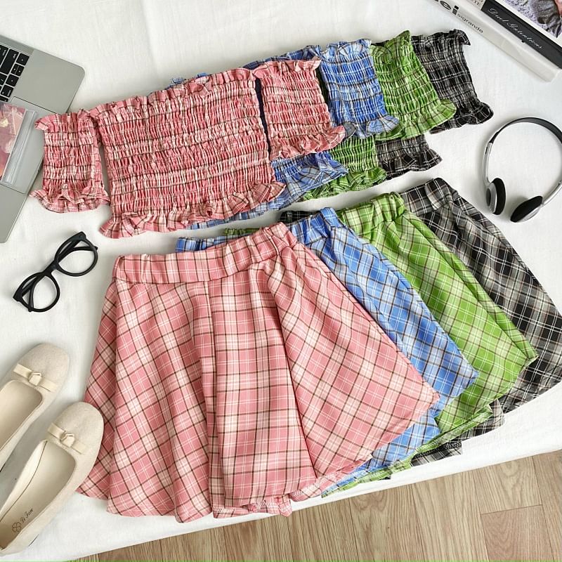Off Shoulder Plaid Crop Top and Mini Skirt Set