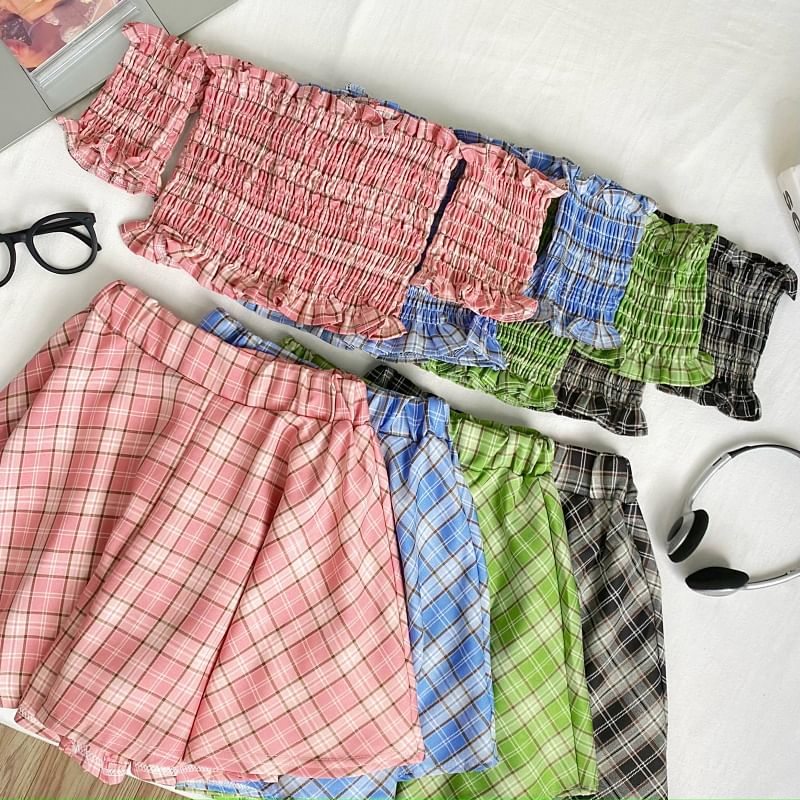 Off Shoulder Plaid Crop Top and Mini Skirt Set
