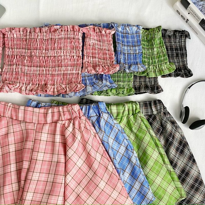 Off Shoulder Plaid Crop Top and Mini Skirt Set
