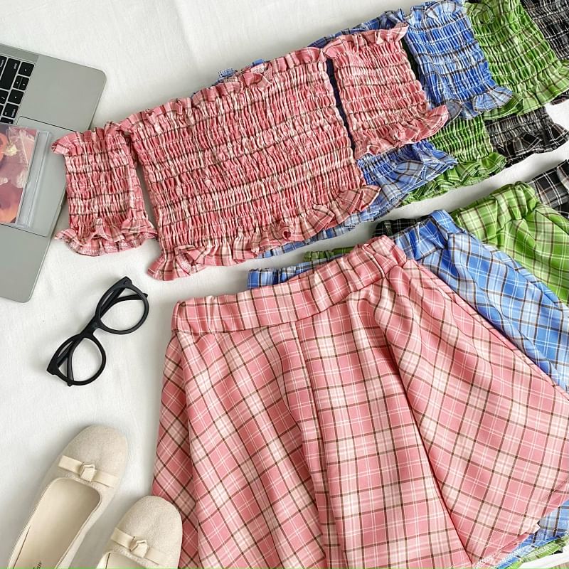 Off Shoulder Plaid Crop Top and Mini Skirt Set