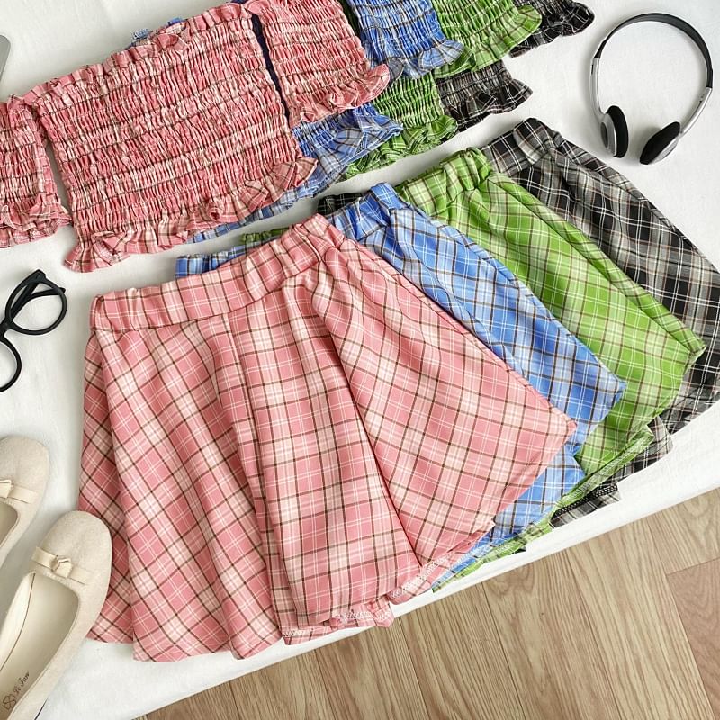 Off Shoulder Plaid Crop Top and Mini Skirt Set