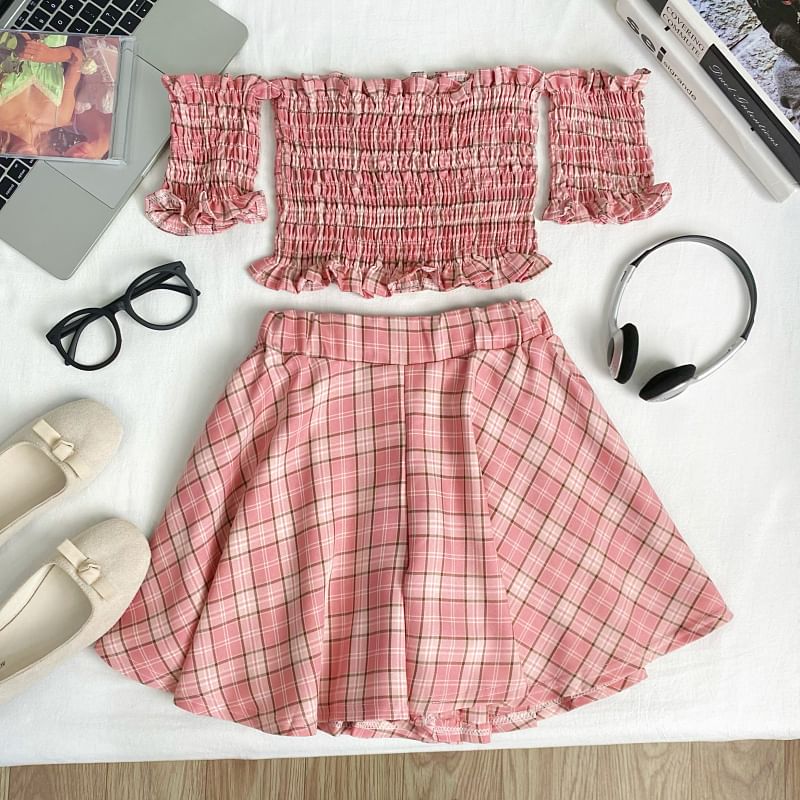 Off Shoulder Plaid Crop Top and Mini Skirt Set