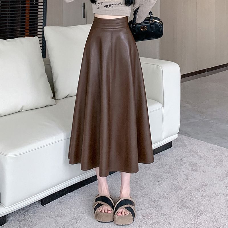 High Rise Faux Leather Midi A-Line Skirt