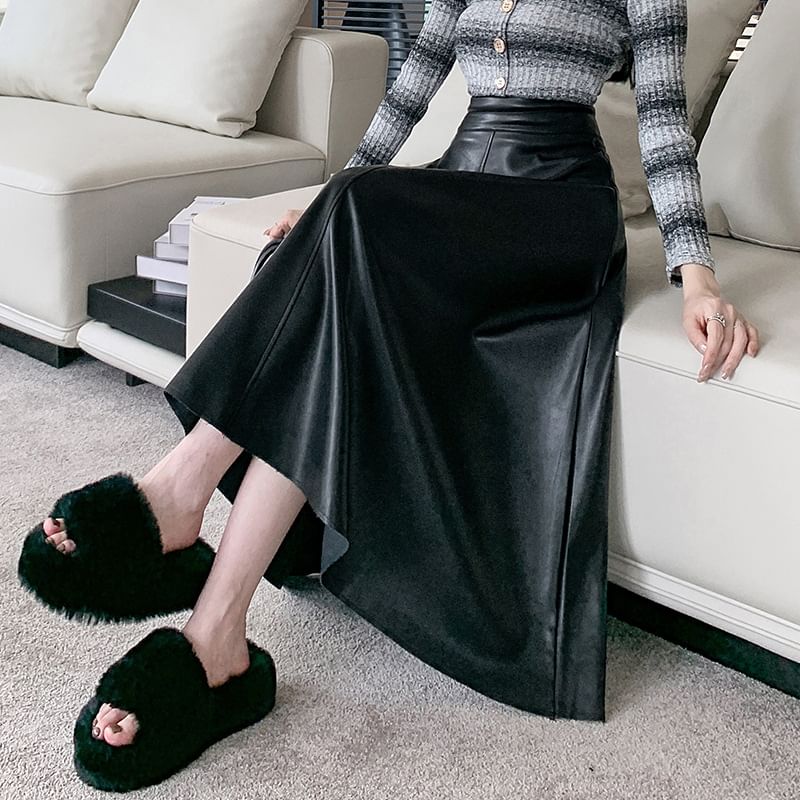 High Rise Faux Leather Midi A-Line Skirt