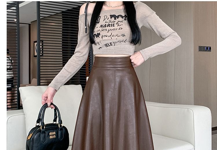 High Rise Faux Leather Midi A-Line Skirt