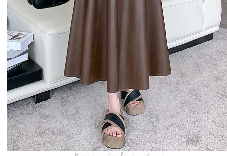 High Rise Faux Leather Midi A-Line Skirt