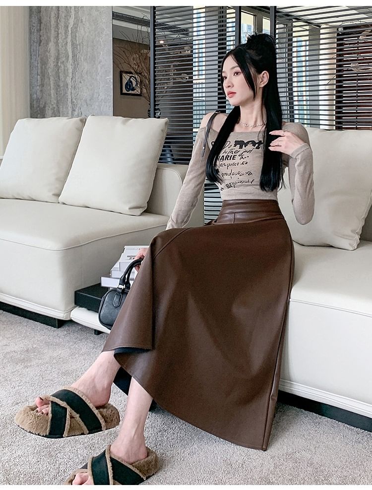 High Rise Faux Leather Midi A-Line Skirt