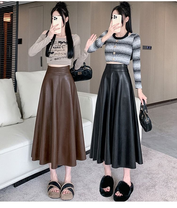 High Rise Faux Leather Midi A-Line Skirt