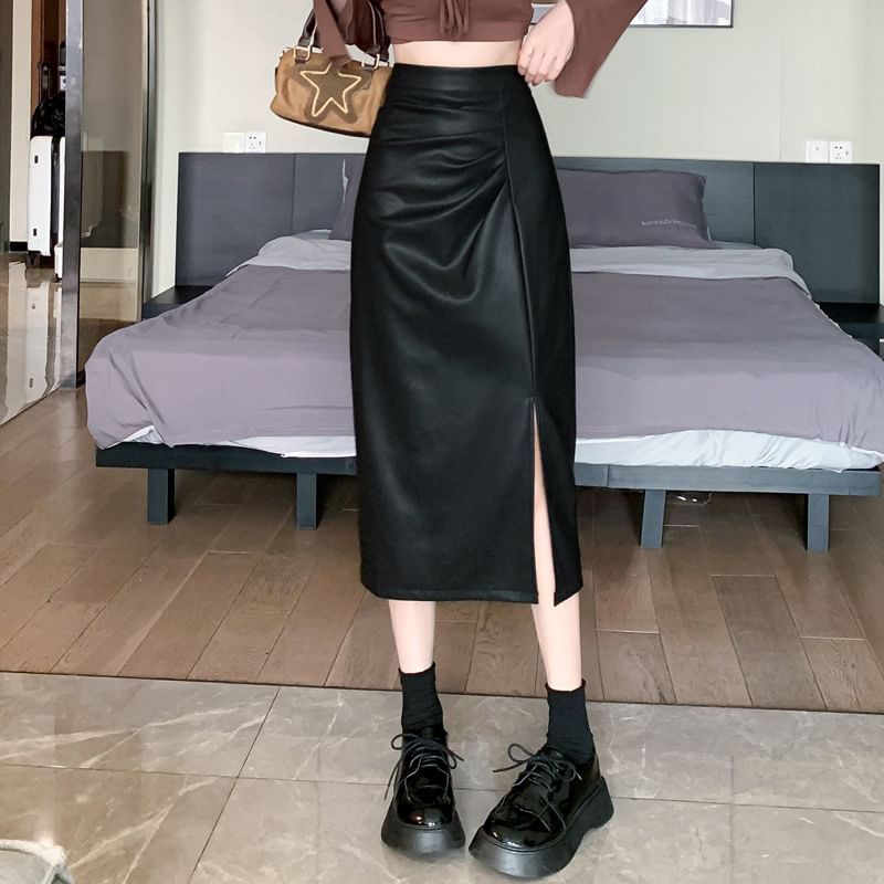 High Waist Ruched Slit Faux Leather Pencil Midi Skirt