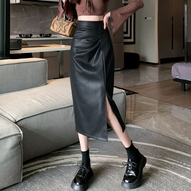 High Waist Ruched Slit Faux Leather Pencil Midi Skirt