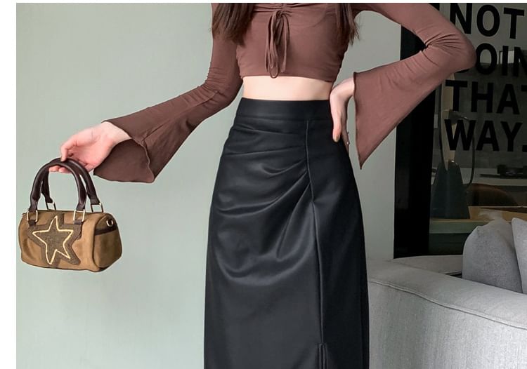 High Waist Ruched Slit Faux Leather Pencil Midi Skirt