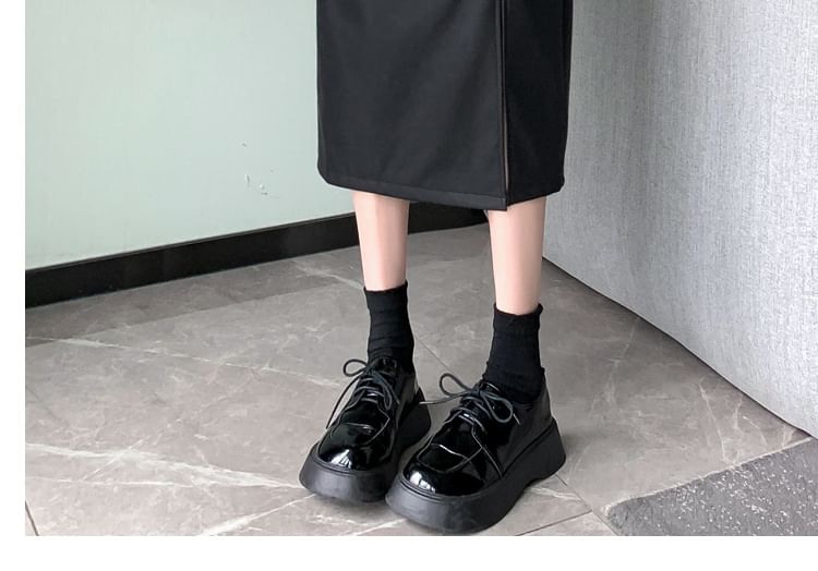 High Waist Ruched Slit Faux Leather Pencil Midi Skirt