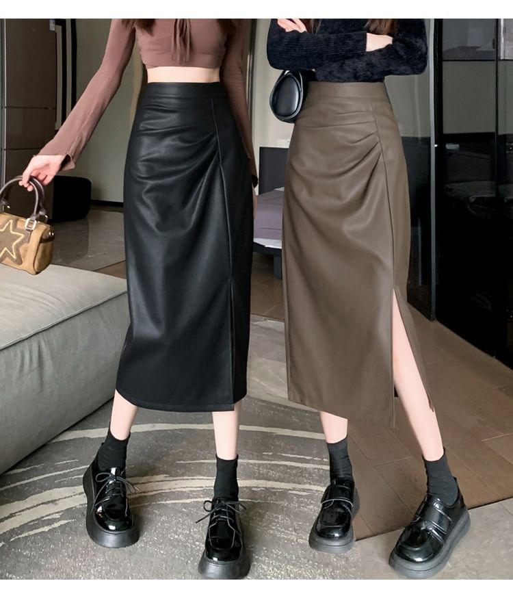High Waist Ruched Slit Faux Leather Pencil Midi Skirt