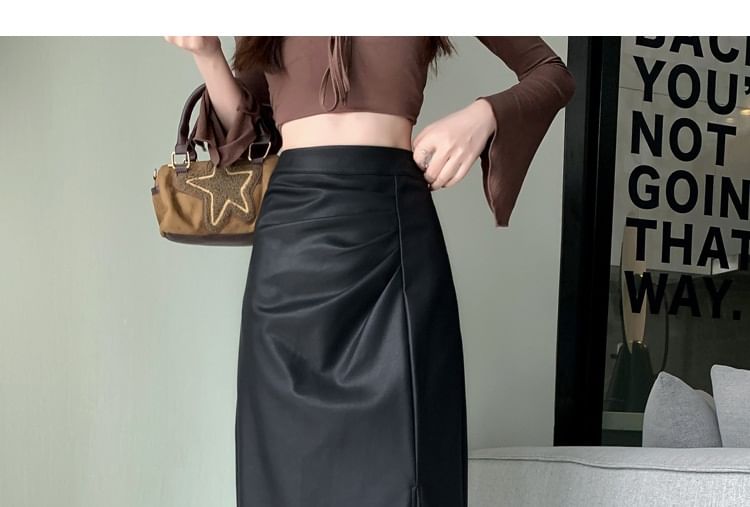 High Waist Ruched Slit Faux Leather Pencil Midi Skirt