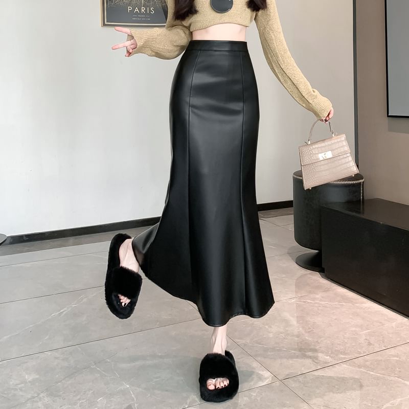 High Waist Faux Leather Fishtail Maxi Skirt