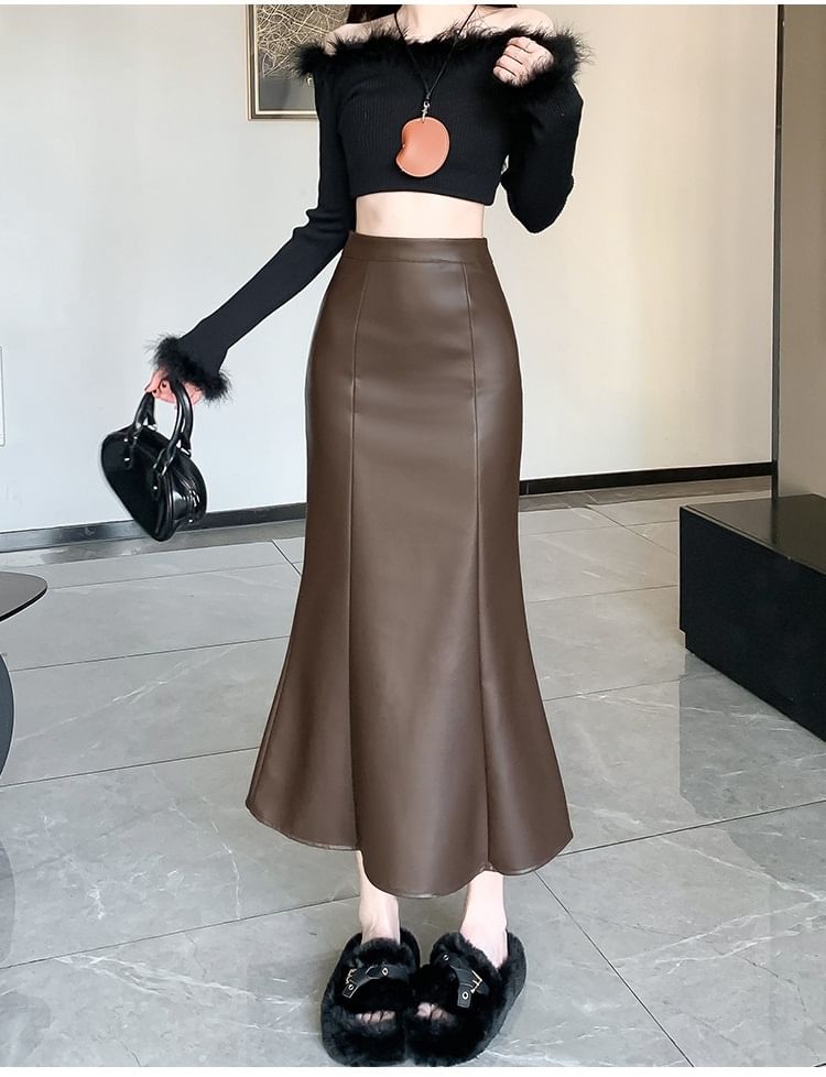 High Waist Faux Leather Fishtail Maxi Skirt