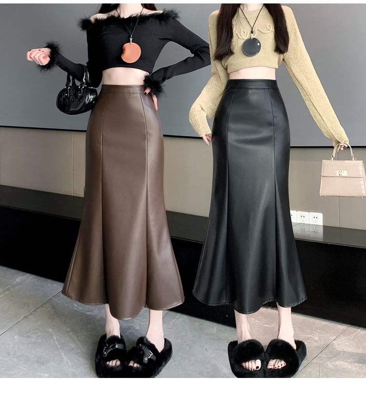 High Waist Faux Leather Fishtail Maxi Skirt