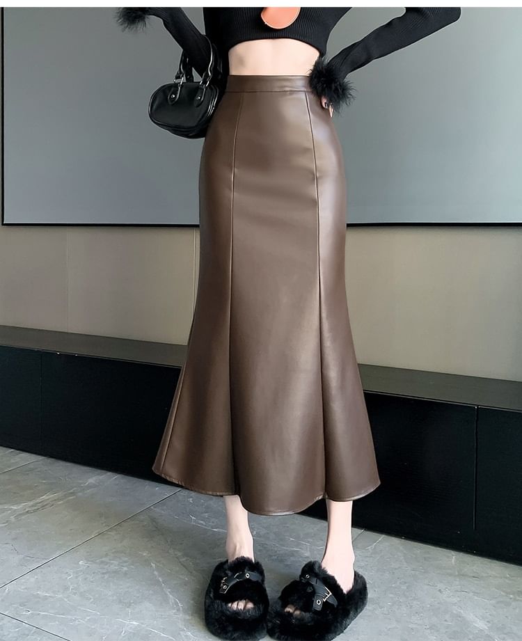 High Waist Faux Leather Fishtail Maxi Skirt