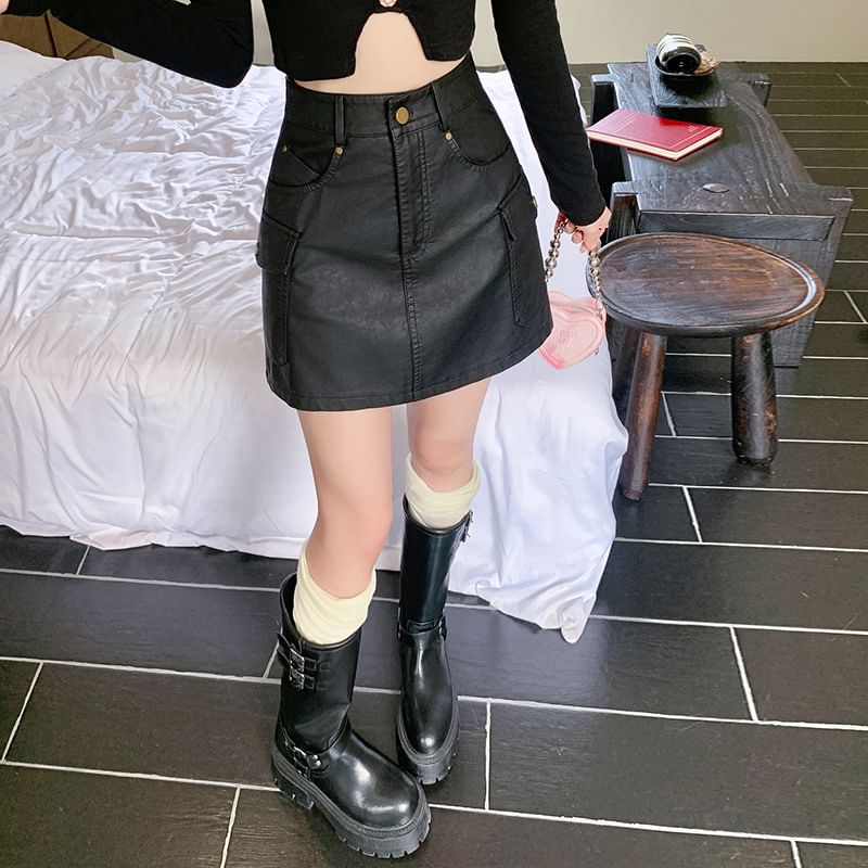 High Waist Faux Leather Cargo Mini A-Line Skirt