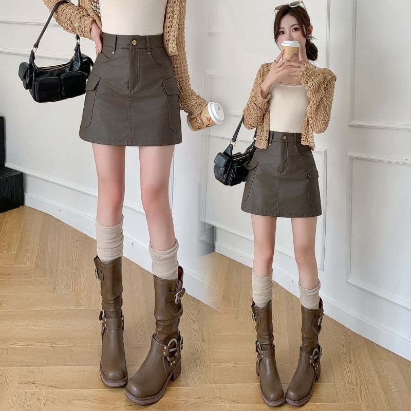 High Waist Faux Leather Cargo Mini A-Line Skirt