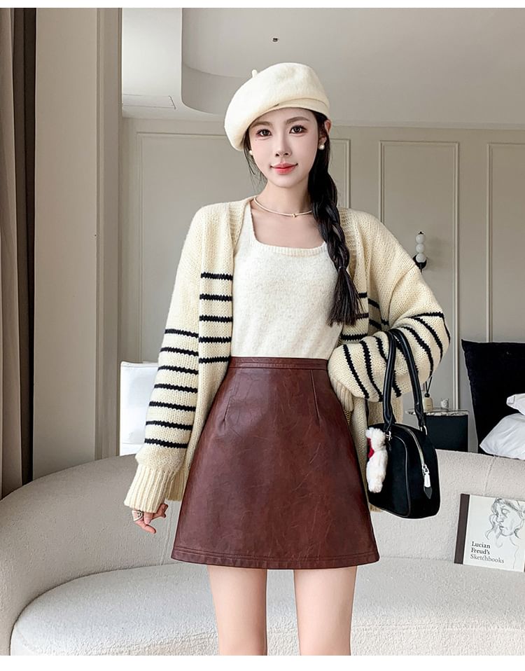 High Rise Faux Leather A-Line Mini Skirt