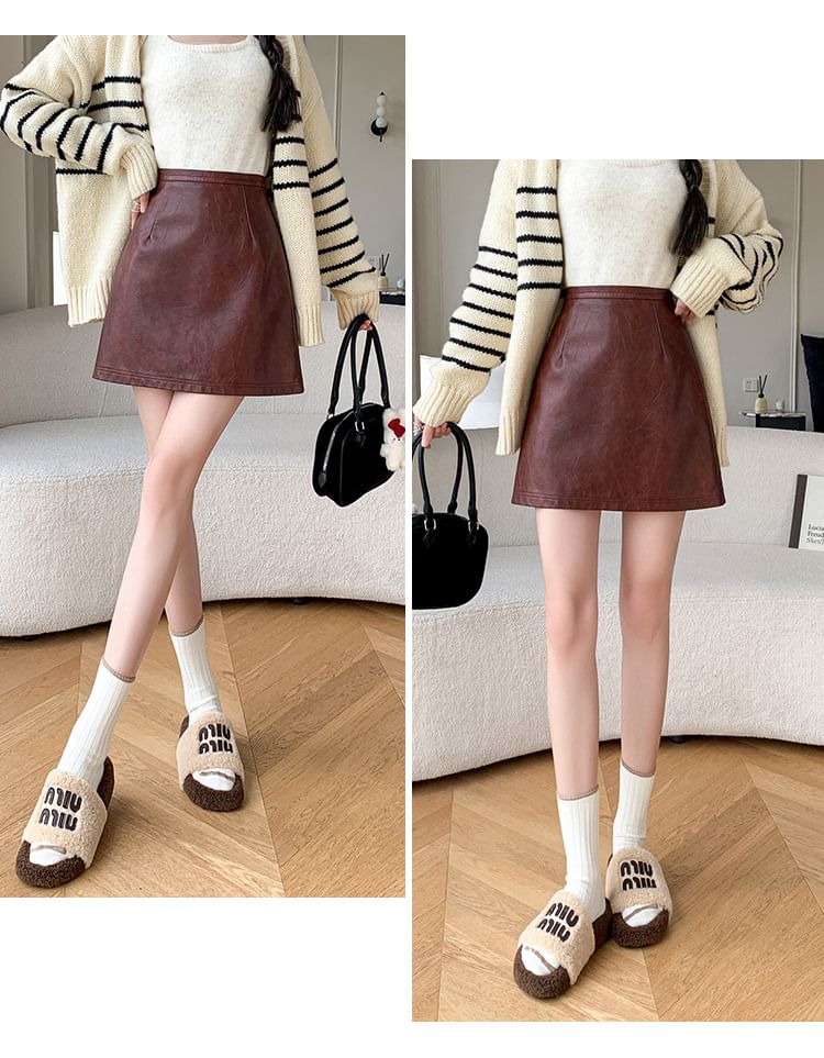 High Rise Faux Leather A-Line Mini Skirt
